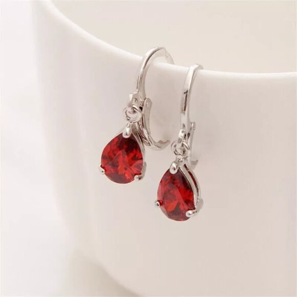 New Womens Ruby Cubic Zirconia Leverback Earrings - Picture 1 of 3